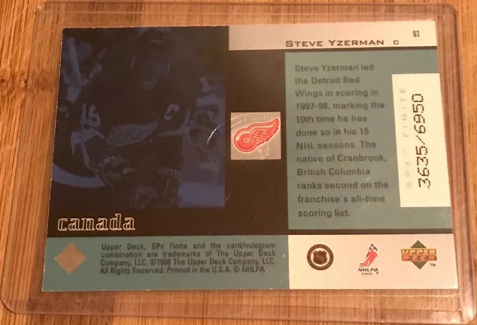 1998-99 UD SPx Finite Global Impact Steve Yzerman #93 #’d 3635/6950 - Image 2 of 2