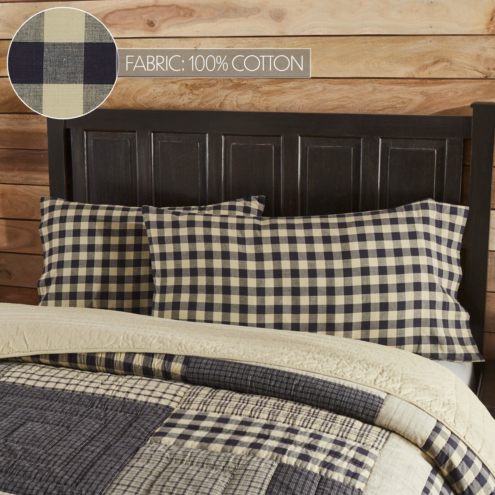 My Country King Pillow Case Set Country VHC Navy Khaki Check 21x40