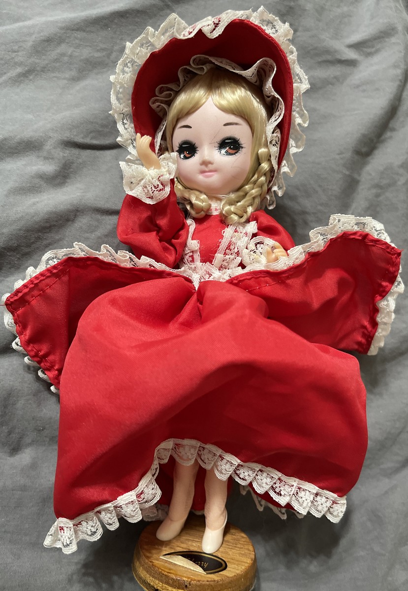 Vintage Bradley Doll Red Dress Hat Bonnet Blonde Braids Big Eyes