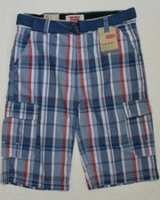 NEW Boys Levi's Cargo Shorts Red White Blue Plaid with Belt Button Pockets Sz 18
