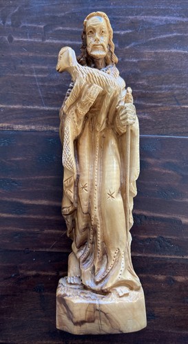 Hand Carved Holy Land Folk Art Solid Olive Wood Jesus Good Shepherd Statue 10” - 第 1/8 張圖片