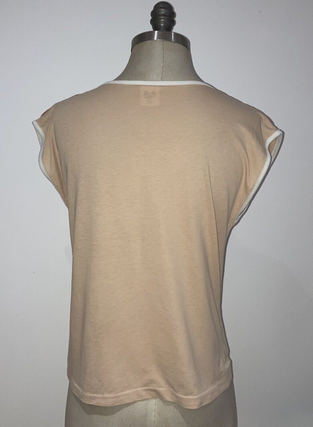 1970s Beige/Tan/White BHS Cap Sleeve T-Shirt with Metal Trim, Size 14-16 UK 4