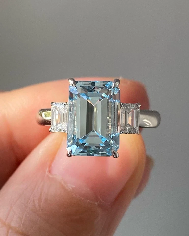 5.50 Ct Emerald Cut Natural Aquamarine Diamond Ring 14K Solid White Gold Size 7 - Image 2 of 4