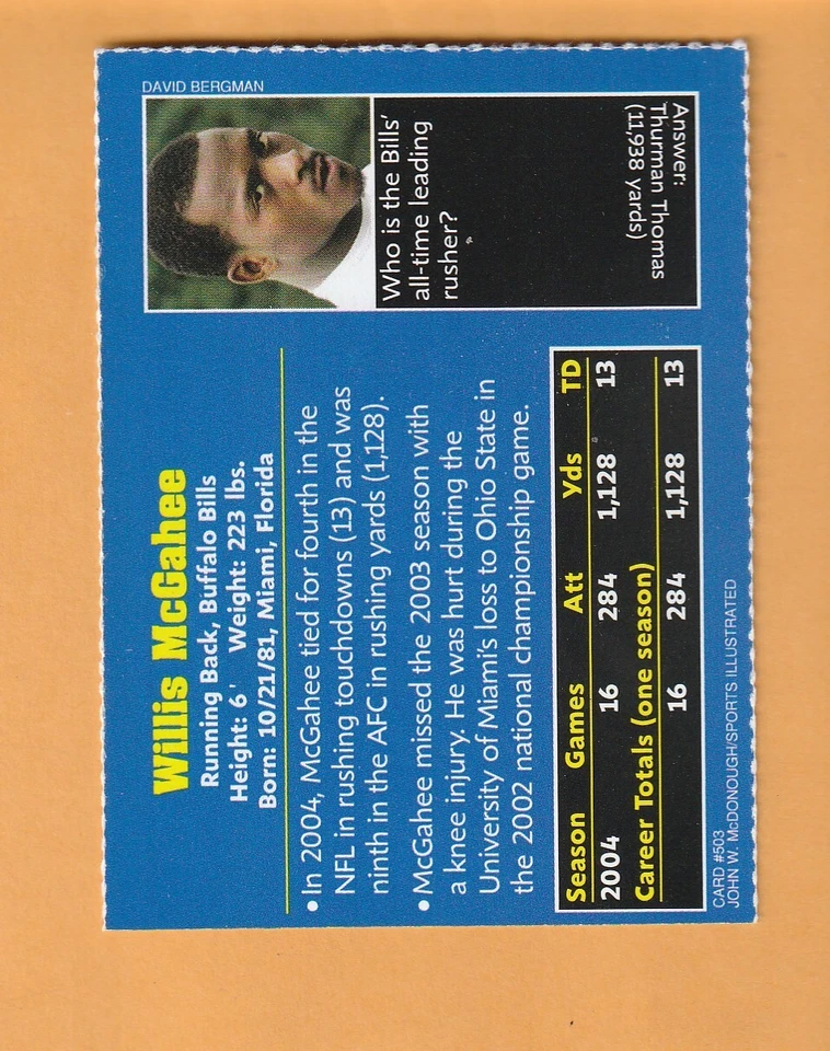 Willis McGahee Buffalo Bills 2005 Sports Illustrated for Kids #503 Miami 7Y - Image 2 of 2