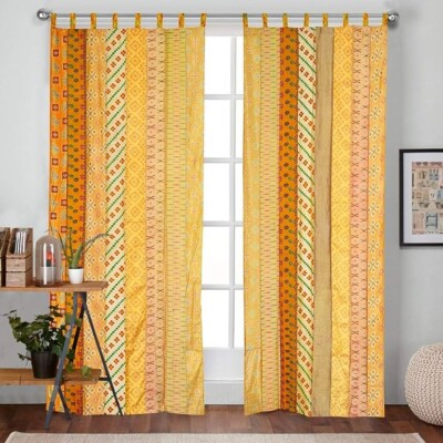 2 Pcs Indian Sari Patchwork Curtain Drape Window Decor Yellow Silk Sari Curtain