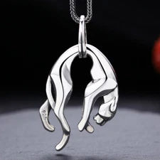 S925 Sterling Silver LEAPING PANTHER Pendant Polished Big Cat Modern Unisex 14g