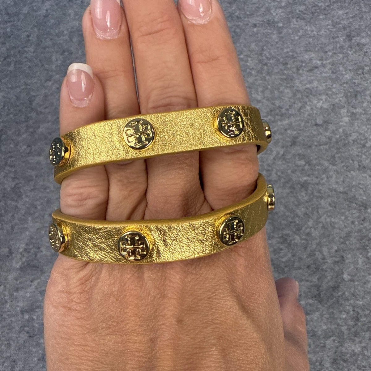 Tory Burch Gold Leather Double Wrap Logo Stud Bracelet 