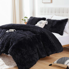 Fluffy Queen Comforter Set, Black Faux Fur Comforter Set 3 Pieces