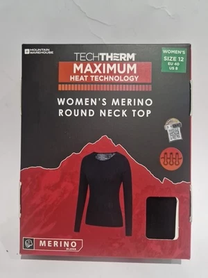 Mountain Warehouse Damen Merino Rundhals Top Größe 12 Max Heat SCHWARZ NEU
