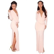 House of CB Martika Long Sleeve Draped Plunge Front Dress Blush Pink Small