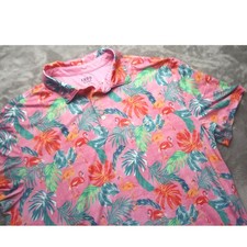 IZOD GOLF Men's L Pink Tropical Flamingo Palm Tree Golf Performance Polo Shirt