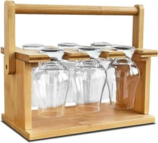 Wooden Whiskey Glass Holder Set & Drying Rack Hardwood  Bamboo Caddy