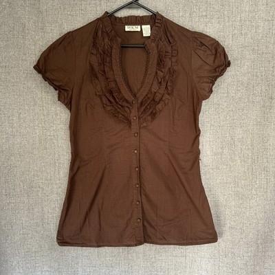 Vintage MKM Women s Brown Top Renaissance Y2K Fairy Cotton Ruffled Button Up L