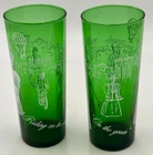 Vintage Anchor Hocking Green Etched Tumblers Set 2 Victorian Scene Barware Glass