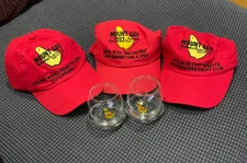 Mount Gay Barbados 2ea Lowball Rum Wobbly Glasses. 3 Different Mount Gay Hats
