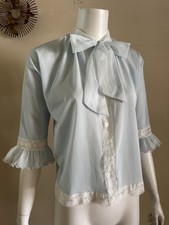 1960s 70s Seamprufe Blue Nylon Bed Jacket Sheer Lace Ruffle Sleeve Peignoir S M