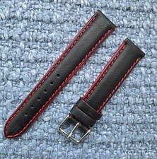 18mm Genuine Leather Black with Red Stitch Interchangeable Watch Band Strap