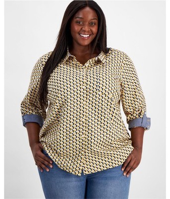 Tommy Hilfiger Womens Printed Roll Tab Button Up Shirt