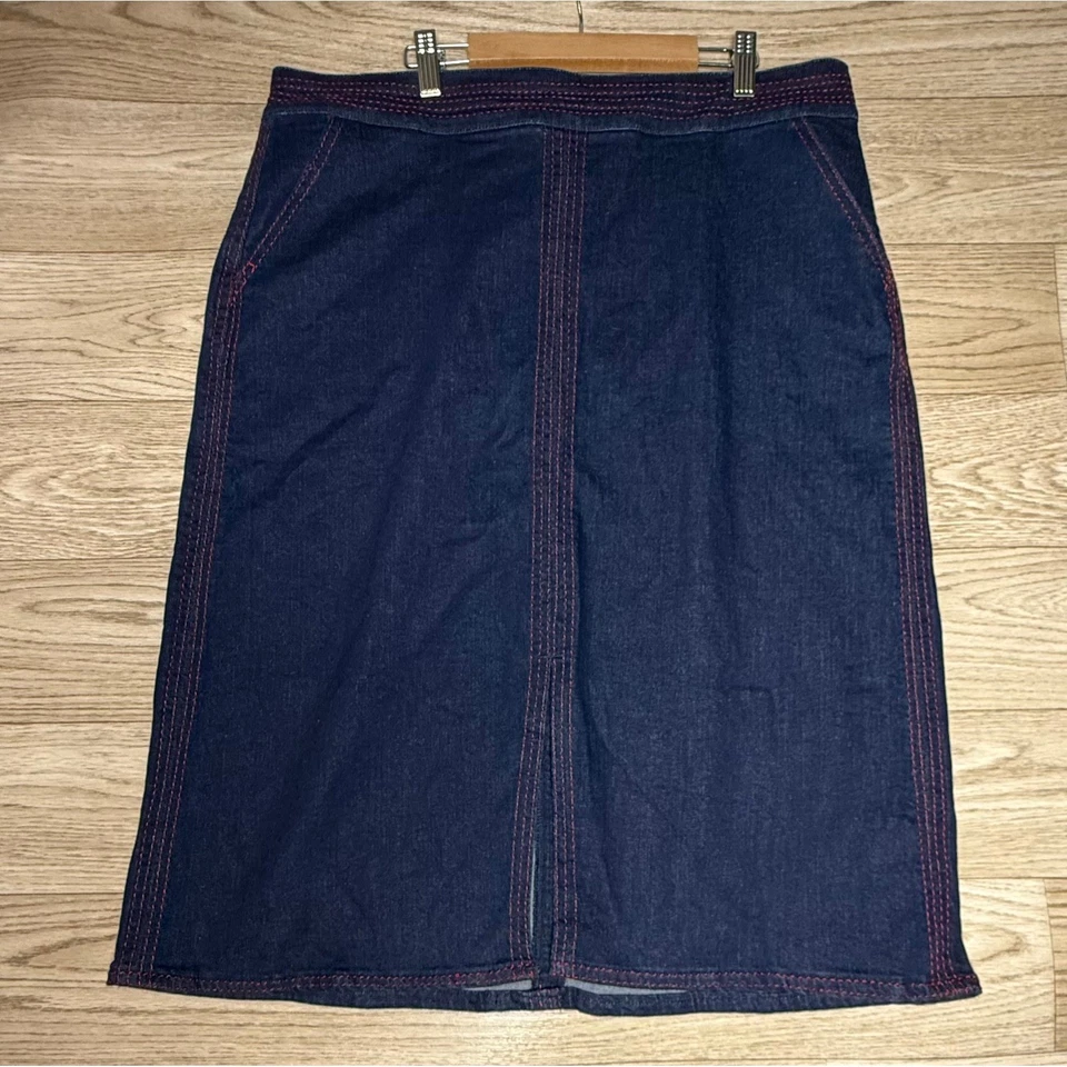 Falda midi denim lavado oscuro Boden US12, costuras en contraste, clásica elegante Foto 2 de 4