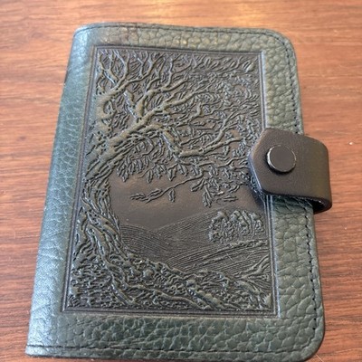 Hand Made Leather Mini Note Book Post It Note Holder USA Green Tree W Snap Vtg