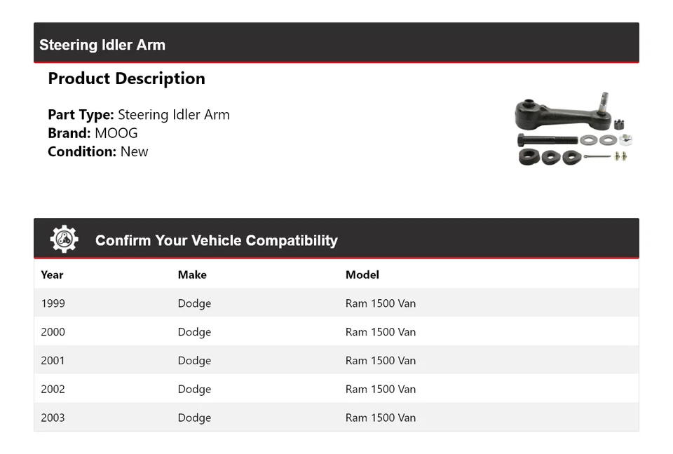 For 1999-2003 Dodge Ram 1500 Van Steering Idler Arm MOOG 1999 2000 2001 2002 - Image 2 of 4