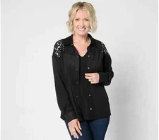 Attitudes by Renee Faux Suede Snap Front Shirt Laser Cutouts Black Large A657078