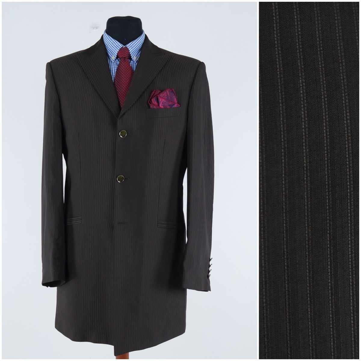 Mens Long Blazer 42L UK Size WILVORST Striped Dark Brown Wool
