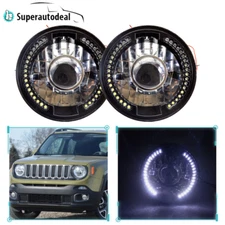 Pair 7" Round White LED Halo Projector Headlights For 2008-2016 Jeep Renegade
