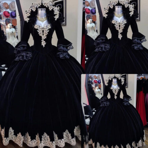 Black Velvet Quinceanera Dresses Flared Sleeves Sweet 15 16 Gothic Ball Gowns - Picture 3 of 7