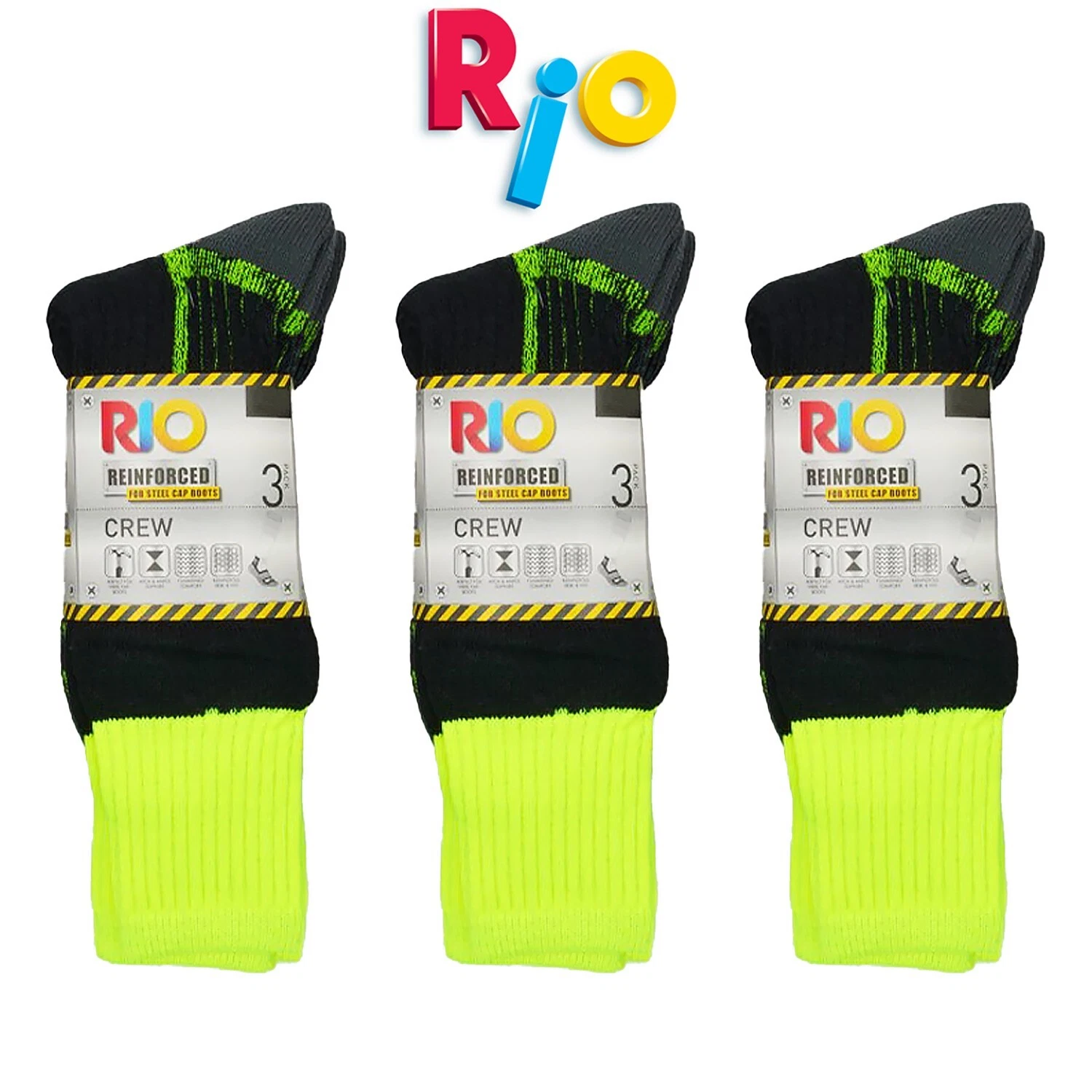 9pair Rio Reinforced Steel Cap Crew Men Thick Tough Work Socks Black Yellow Bulk