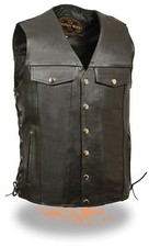 Men's Side Lace Leather Motorcycle Vest Snap Front w/ Jean Style Chest Pockets