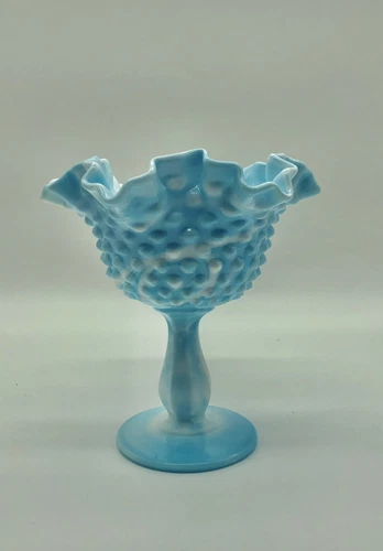 Vintage Blue White Marble Slag Glass Compote Candy Dish