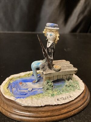 Vintage Emilio E. Tezza Unique Italian porcelain figurine sculpted Lady Fishing