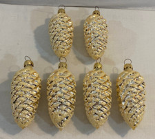 Lot 6 Vintage Glass Frosted Gold Pine Cone Ornaments 4" Long