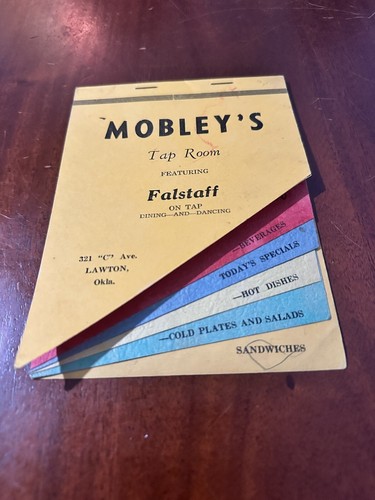 Mobleys Tap Room Menú Lawton Oklahoma OK Circa 1940 Falstaff Cerveza Amarillo De Colección - Imagen 16 de 23