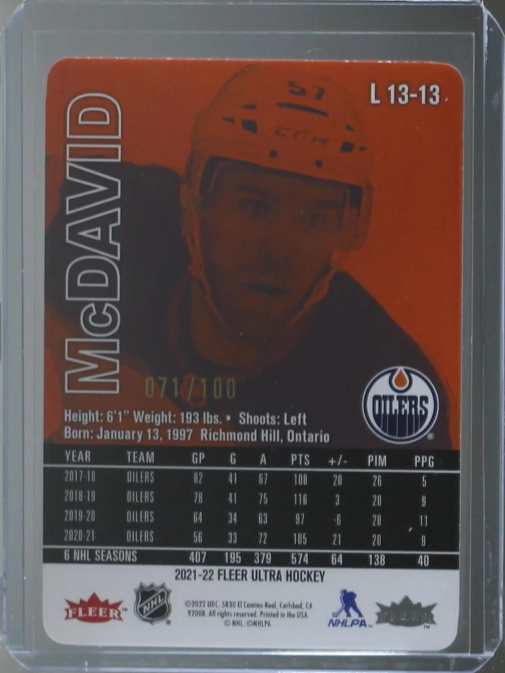 2021-22 Fleer Ultra Lucky 13 Gold Medallion Achievement 071/100 Connor McDavid - Image 4 of 4