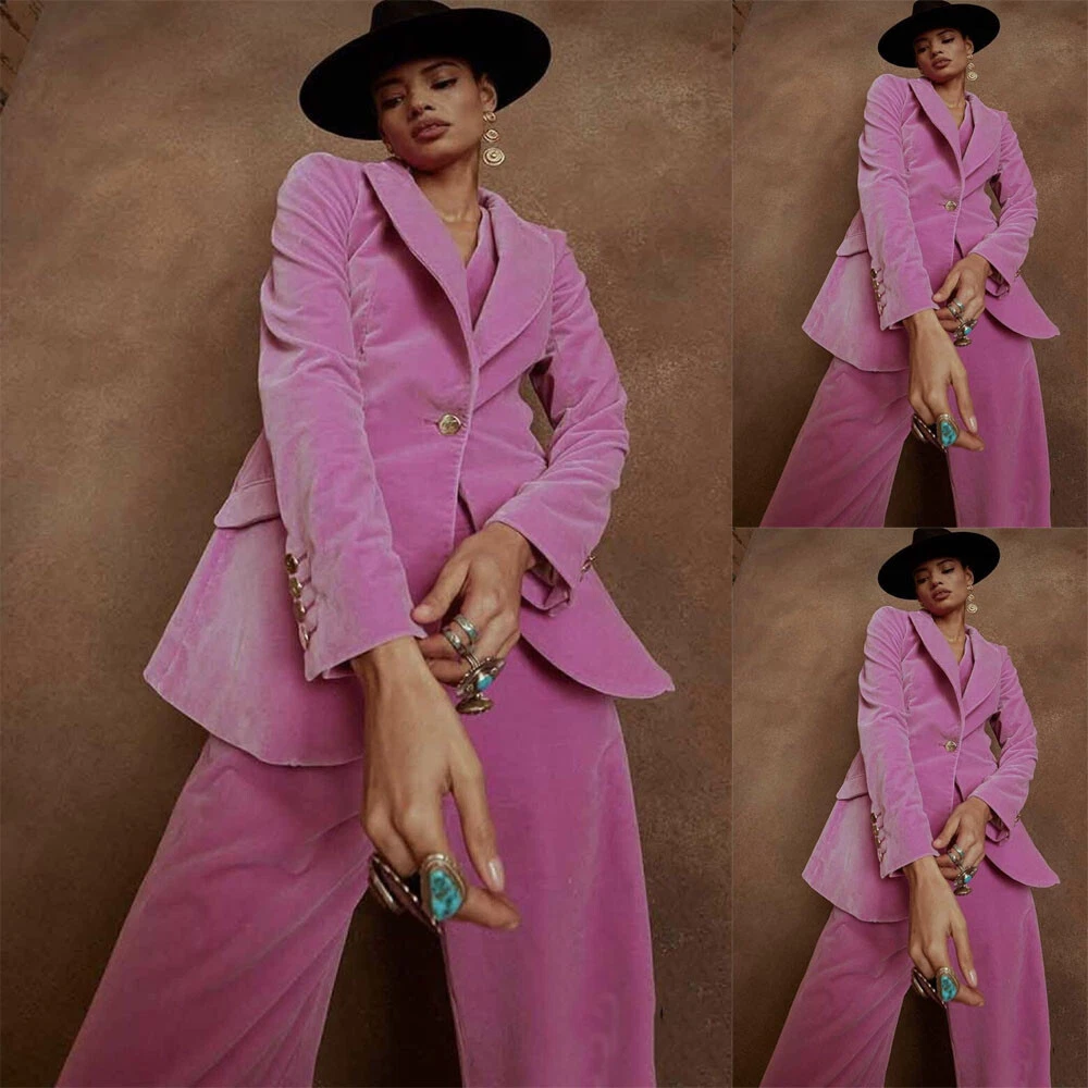 2Pcs Fuchsia Velvet Women Suits Ladies Office Work Wear Wedding Plus Size Set