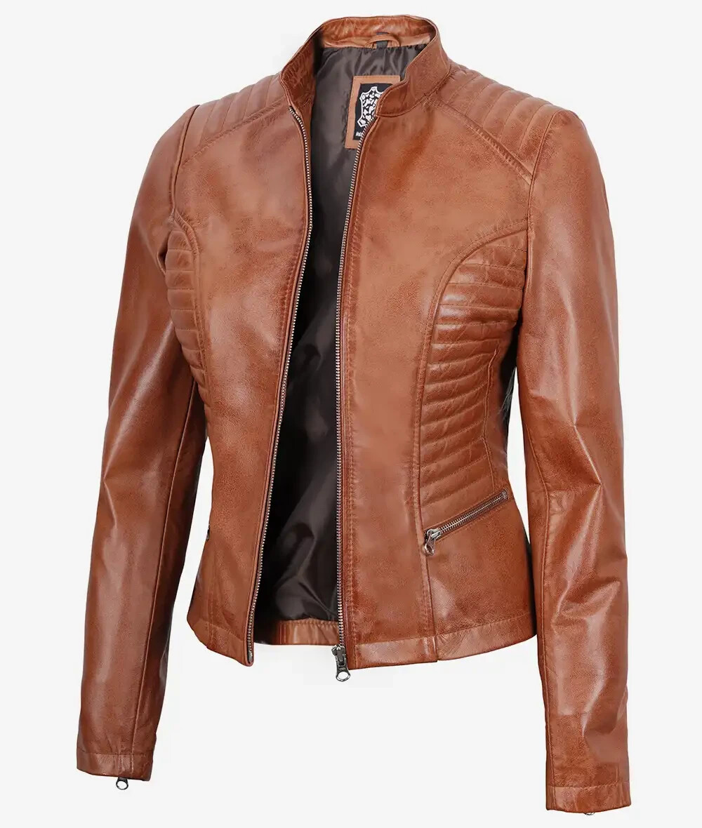 Chaqueta de cuero pequeña de piel de cordero coñac para mujer