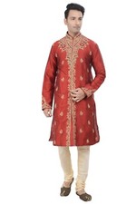 Ethnic Indian Red Design Kurta Sherwani for Men 2pc Suit - Worldwide Postage