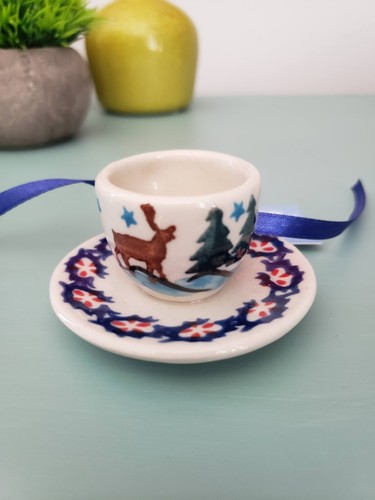 NEU BOLESLAWIEC ANDAR polnische Keramik UNIKAT Weihnachtsschmuck Teetasse Untertasse Rentier - Bild 3 von 5