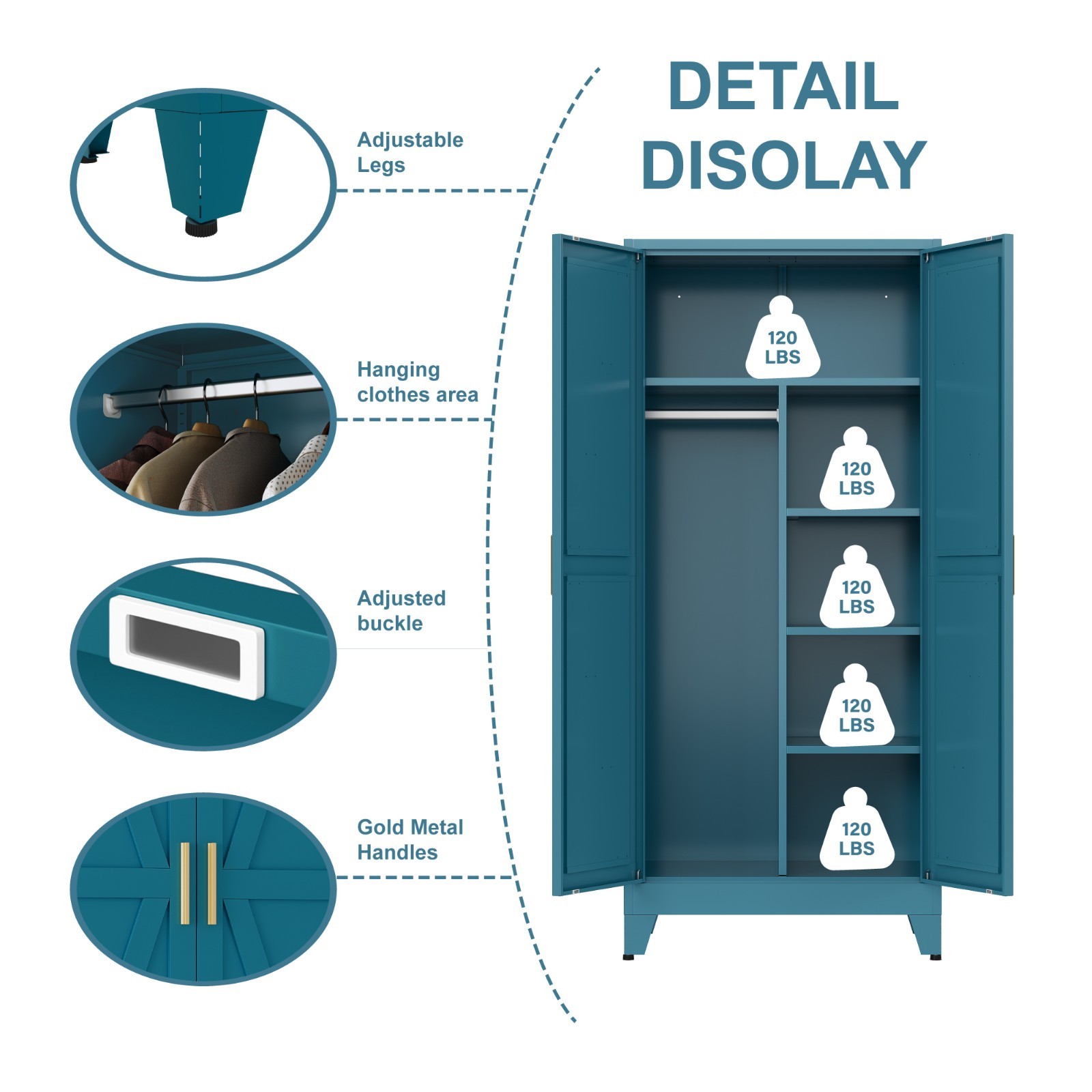 Metal armoire Wardrobe Closet with Hanging Rod,71'' Metal Wardrobe Cabinet