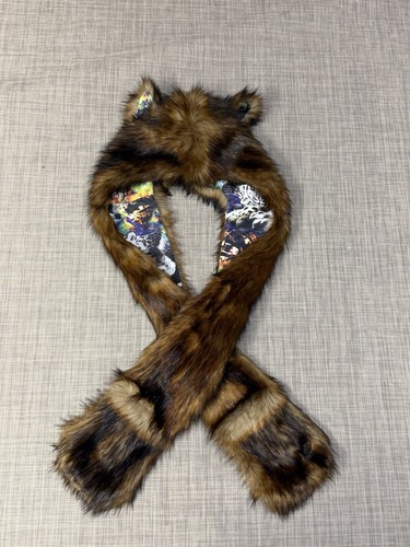 Grizzly Bear Hood Scarf Hat Faux Fur Galaxy Leopard Print Y2K Scene Emo