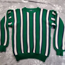 Vintage Strawbridge & Clothier Sweater Mens L Green White Striped  Heavy Knit 