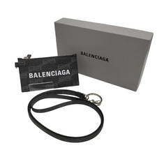 BALENCIAGA Card Case Coin Purse Fragment Case Neck strap Leather Black Box Auth
