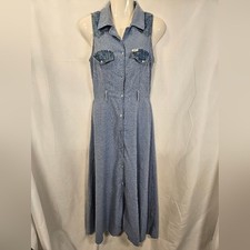 Vintage Guess Jeans Blue Gingham Denim Western Button Front Midi Dress Size M US