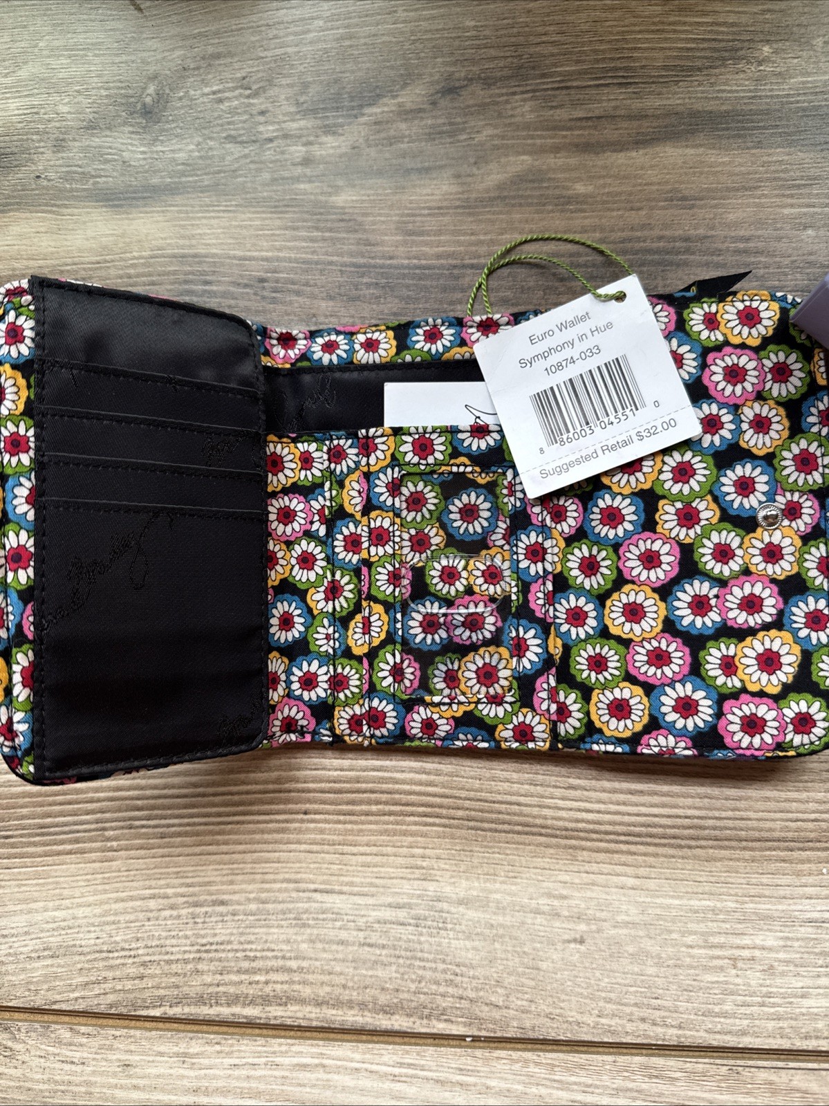 NEW Vera Bradley Euro Tri-fold Wallet Symphony in Hue Black Orange Floral