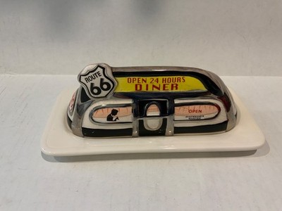 Vintage Henry Cavanagh Route 66 Diner Butter Dish w/Lid  50 s 60 s style ceramic