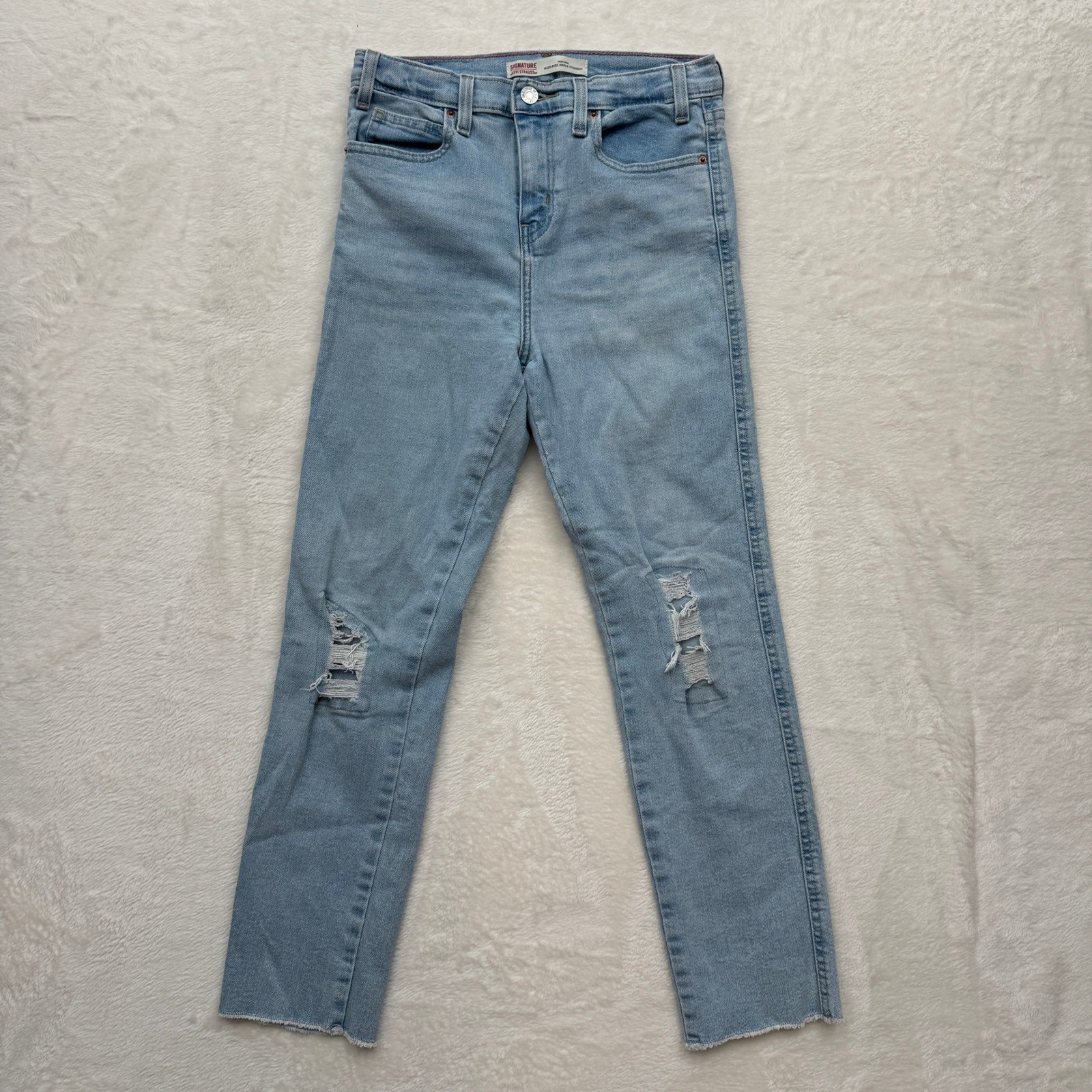 Signature Levi Strauss Jeans Womens W16 Blue Heritage High Rise Straight Raw Hem