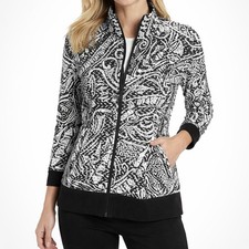 CHICO'S Jacket sz 1 8/10 Black White Abstract Print Pockets Sporty Lightweight