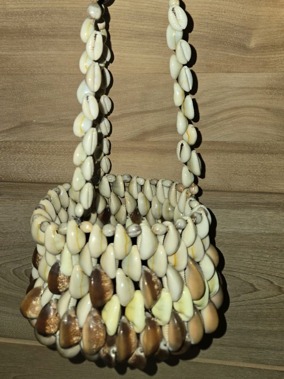 Vintage 70s Cowrie Shell Hanging Macrame Plant Holder Boho Mid Century 18"